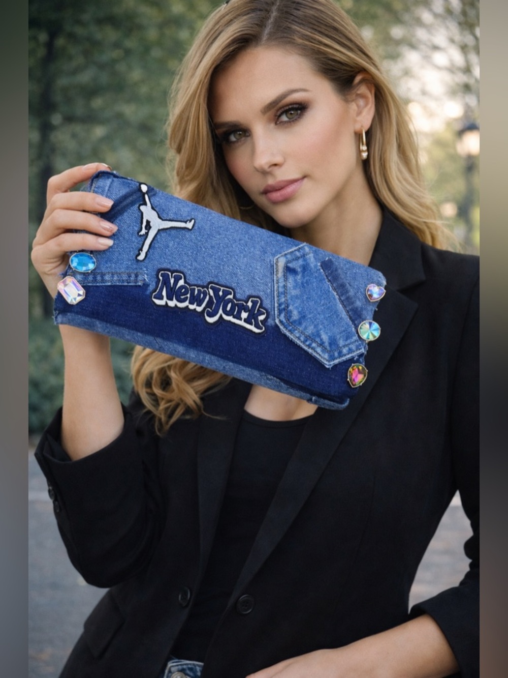 Upcycled Denim New York Patch Clutch with Rhinestone Accents
